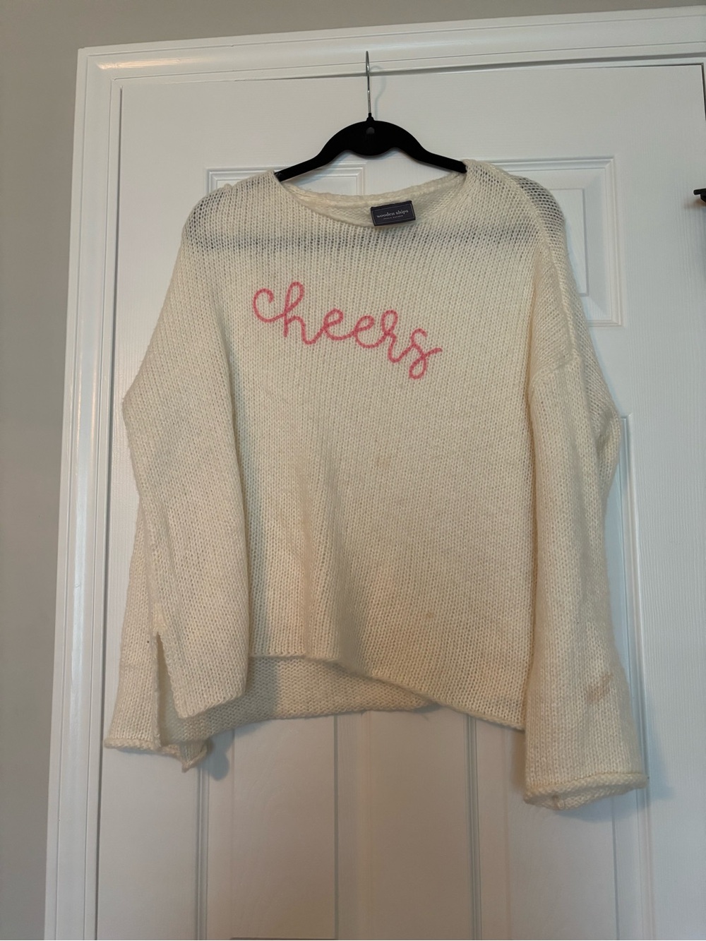 Wooden Ships Cream Knit Sweater with Pink 'Cheers' Script